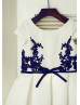 Ivory Satin Navy Blue Lace Cap Sleeves Knee Length Flower Girl Dress